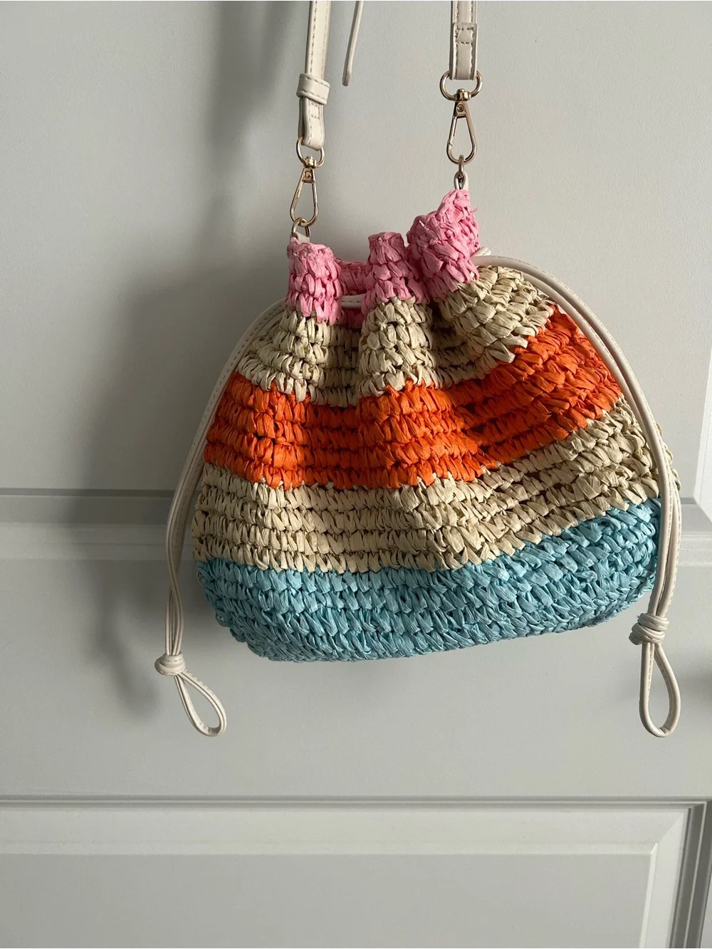 Woven Multicolor Straw Crossbody Bag - Pink, Orange, Blue